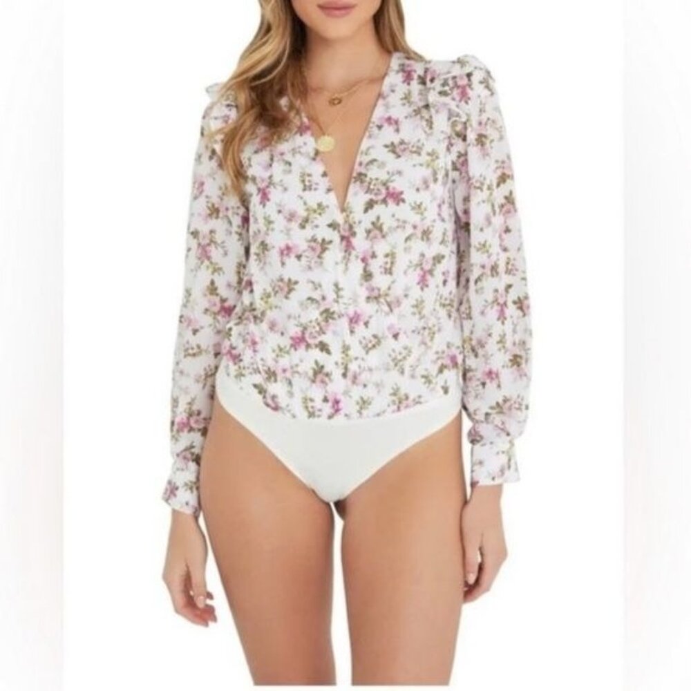 Floral V-Neck Bodysuit By Fate  Medium  Polyester & Spandex Blend  Long Sleeves